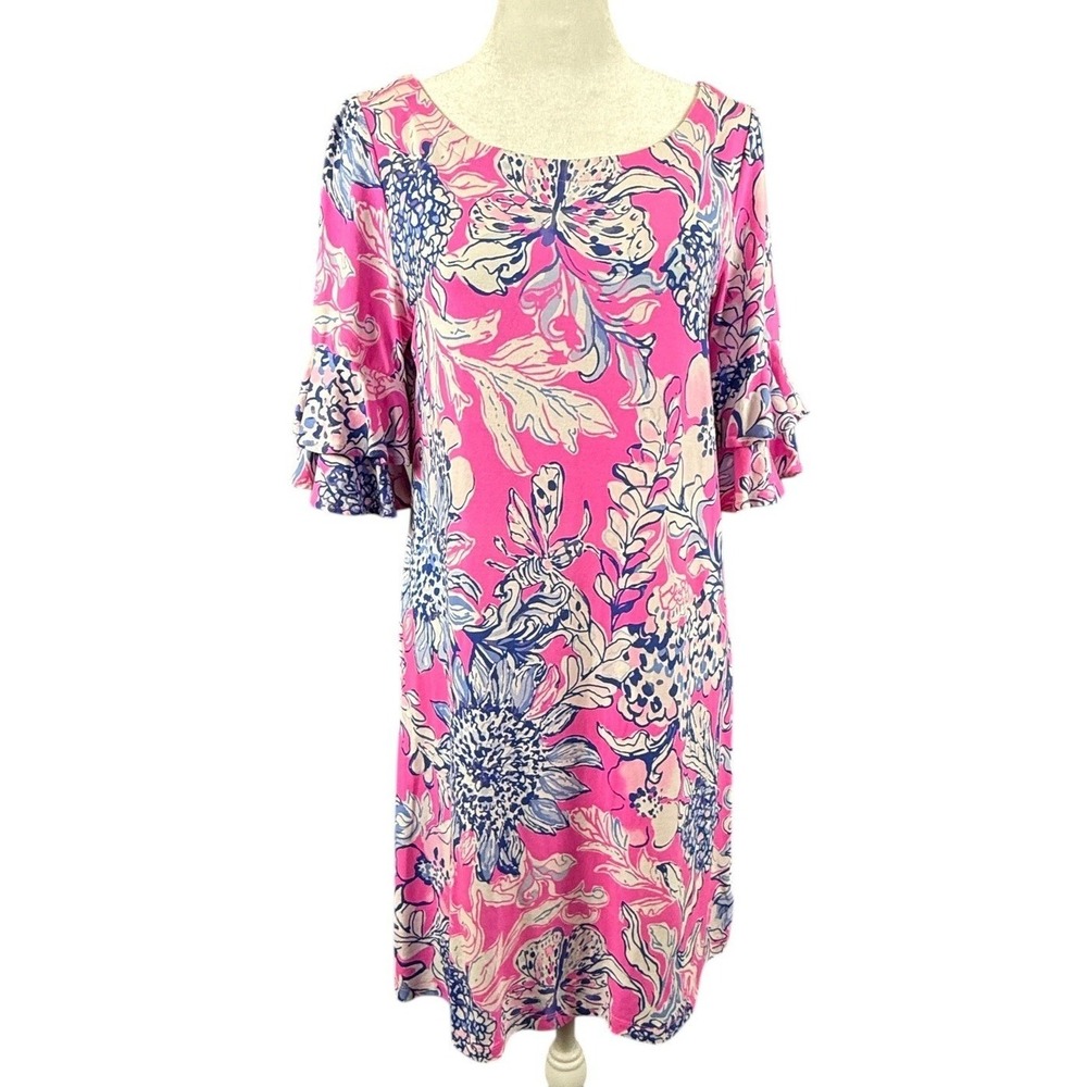 Lilly Pulitzer‎ Dress Womens S Pink Blue Floral Ruffle Bell Sleeve Shift Resort